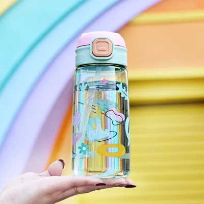 LAZALAI Plastic Drinking Bottle Straw Leakproof Kids Sippy Cups Cute Outdoor Drinkware