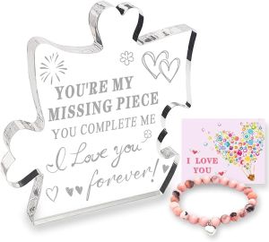 Gifts for Mom Delicate Mom Christmas Gifts from Daughter Son Acrylic Block Puzzle Piece 4.3 x 4.3 inch Mothers Day Birthday Christmas Gifts for Mom with Natural Stone Heart Bracelet Set