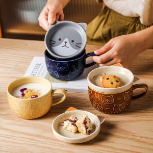 BAGUO(霸果) Cat Hedgehog with Lid Novelty Cute Animals Ceramic Tumbler Cup Drinkware Tea Cup Coffee Mug