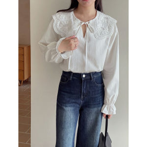 Women Fashion 2026 New Autumn French Elegant Tie‑Up Crochet Lace Peter‑Pan Collar Long‑Sleeve Blouse Casual Shirt Top