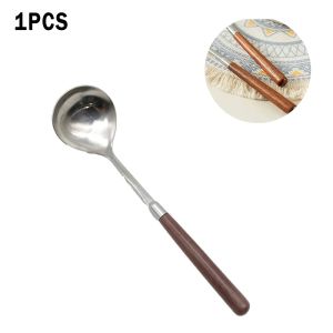 2Pcs Stainless Steel Thickening Soup Spoon Long Wood Handle Hot Pot Spoon Soup Porridge Spoon Kitchen Cooking Spoon
