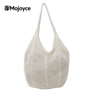 Women Knitting Shoulder Bag Solid Color Crochet Tote Bag Large Capacity Knitted Tote Handbag Ladies Daily Handbag