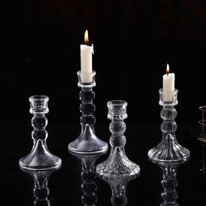 OKDEALS01 Transparent Glass Candle Holder Vintage Romantic Clear Glass Candlestick European Style Thicken Simple Candles Stand Wedding Decoration