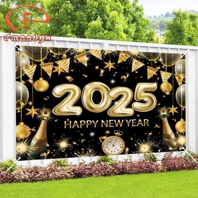 [frthrthrt]Happy New Year Backdrop 2025 BlackGold Backdrop Happy New Year 6.88 X 4.92ft Happy New Year Decorations Wall Display