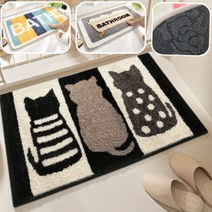 Bathroom Floor Mat Plush Cartoon Cat Print Water-absorbent Non-slip Faux Cashmere Door Mat