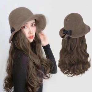 LACKO Bucket Hat Bow Top Hat Wig Fake Hair Korean Style Long Curly Wave Hair Vintage Warm Fisherman Hat Wig Female