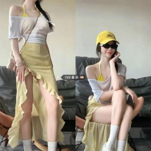 Dress Korean Style Spicy Girl Irregular Yellow Floral Skirt For Womens Summer High Waist Slimming Dress
