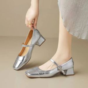 Free Shipping Korean-Style Chunky Heel Shoes For Women 2026 New Spring Collection Square-Toe Versatile Mid-Heel Single Shoes With A Single-Strap Design