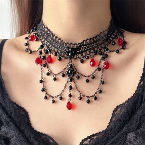 TANWR Charm Gothic Multilayer Choker Tassel Women Neck Jewelry Crystal Beads Necklace Elegant Sweet Lace Strand Necklace Party