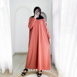 Hani Dress Batwing Bahan Snowy Rib Knit Baju Gamis Modern Wanita Muslimah - Trendy Kekinian - Lengan Panjang Polos - Modis Simple Casual - Fashion Terbaru