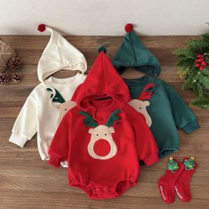 WININ Deer Embroidery Baby Christmas Romper Thicken with Hat Newborn Clothes  Cartoon Newborn Bodysuits Boys Girls