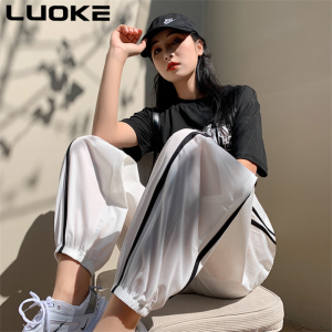 Luoke Quick Drying Sweatpants Womens Loose Hems New Side Stripe Mesh Breathable Casual 9-point Harlem Leggings Thin