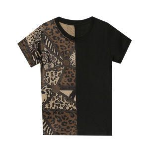 REHIN Womens top leopard print splicing short sleeve T-shirt round neck slim fit elegant cotton blouse