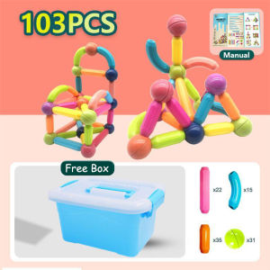 Ready Stock 25/64/103 pcs Kids Magnetic Stick Balls Building Toy Blocks High Quality 3D Geometry Learning Sensory Construction Blok Panjang Free Storage Box