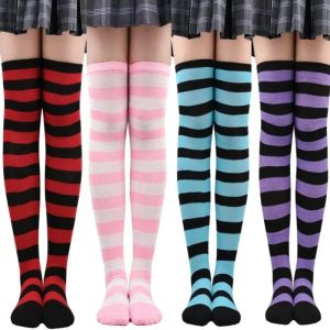 Thigh High Stockings Womens Striped Ladies Girls Black White pink Long Over Above Knee Socks femboy Cosplay Lolita Harajuku Y2k