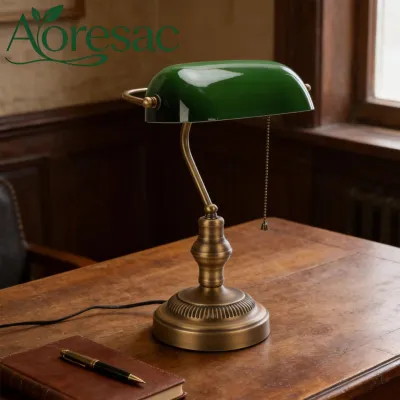 Aoresac Green Glass Bankers Desk Lamp Retro Antique Library Lamp with Pull Chain Switch Plug in Fixture