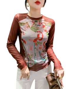 REHIN เสื้อยืดแขนยาวพิมพ์ลายผ้าตาข่ายแฟชั่นเข้ารูปพอดีใหม่สำหรับผู้หญิงสง่างามสไตล์ยุโรปฤดูใบไม้ร่วง