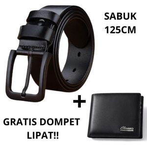 PROMO sabuk kulit Import gratis dompet ikat pinggang semi kulit hitam 125cm