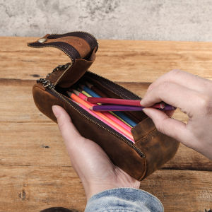 CONTACTS Genuine Leather Zipper Pen Pencil Case Vintage Retro Style Creative Standable School Stationary Pouch Large Capacity Pencil Bag
