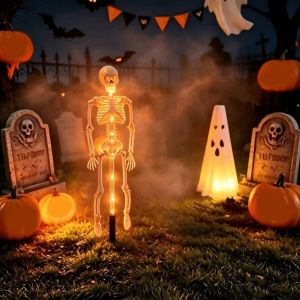 FLEURS Waterproof Halloween Solar Skeleton Lamp Purple /Orange/ Green Light Realistic Skeleton Skull Festive LED Lights Skeleton Solar Powered Halloween Solar Stake Lights Outdoor Garden