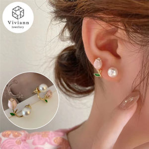 Viviann Korean Tulip Pearl Earrings New Temperament Summer Earrings Elegant Enamel Flower Pearl Stud Earrings Handmade Fashion Jewelry Vintage Earrings for Women Gift wholesale