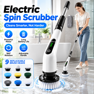 9-in-1 Rechargeable Electric Spin Scrubber Powerful Cleaning Brush with Long Handle for Deep Home Cleaning