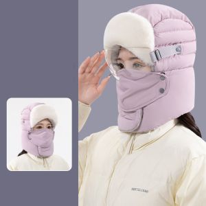 GOXBERK 3pcs/Set Ushanka Nga Mũ vải Lông Mùa Đông Có kính bảo hộ Mũ trùm đầu Mũ trùm tai ấm áp mùa đông Tròng kính chống sương mù Dày Mũ chống gió đi xe đạp