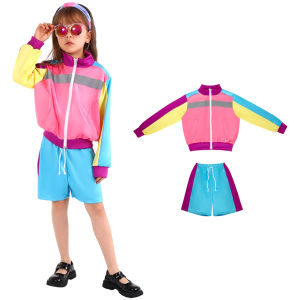 เสื้อกันหนาวสีบล็อกชุดเต้นรำสตรีทฮิปฮอปสำหรับ4-10Years ปาร์ตี้ธีมย้อนยุคชุดลำลองสำหรับเด็กหญิง80S 90S 2ชิ้น