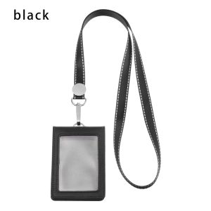 Genuine Leather Folding Type ID Tag Bus Pass Card Cover Case Staff Work Card Holder with Lanyard