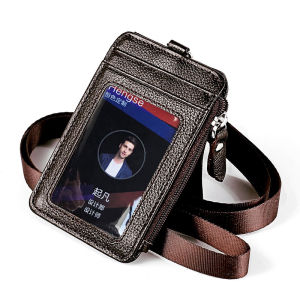 NEW Office Supplies Genuine Leather Business Work Name Tag Card Holder Staff ID Credit Card Cover RFID Block Card Holder Purse Badge Zipper Pouch with Lanyard