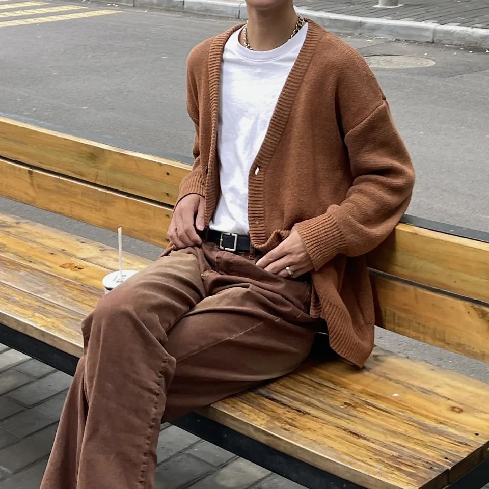 Beancurd Brown Knitted Cardigan Jacket Idle Style Hong Kong Style All-Matching  Loose Sweater for Men and Women