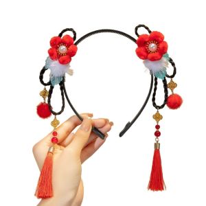 WEYAN Chinese Style Hanfu Wig Headband Red Pearl New Year Headwear Traditional Cute Flower Tassel Headband Children