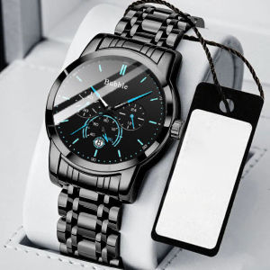 Mens trendy sports waterproof multi-functional automatic quartz watch with luminous display and black steel strap