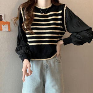 PM✿ French style fake two-piece bubble sleeve knitted sweater for womens 2024 new striped round neck top