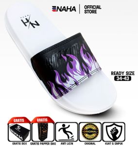 NAHA Sendal Selop Distro Pria Wanita Empuk Api (Ungu) Putih Sandal Slop Kece Cowok Karet Dewasa Sandal Slip On Slide