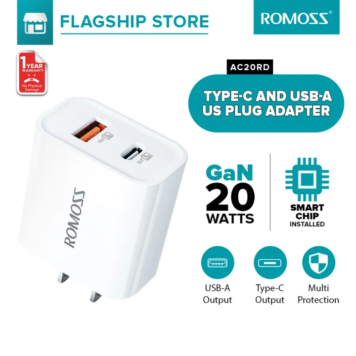Romoss AC20RD USB A + USB C Wall Charger PD 20W US Plug Adapter Quick Charge 4.0 3.0 SCP Fast Charging Adapter for Iphone Micro Type-C