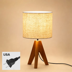 Vintage Wood Tripod Desk Lamp Eye Caring Reading Light With Fabric Shade Small Space Saving Bedside Nightstand Lamp For Home Office Living Room Decoration AC 85 To 265V