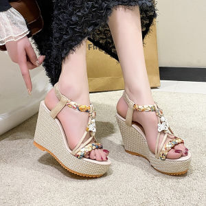 Free Shipping Bohemian WomenS Sandals Summer Korean Style New Wedge Heel Thick-Soled Rhinestone-Embellished Peep-Toe Sandals Plus-Size Sandals