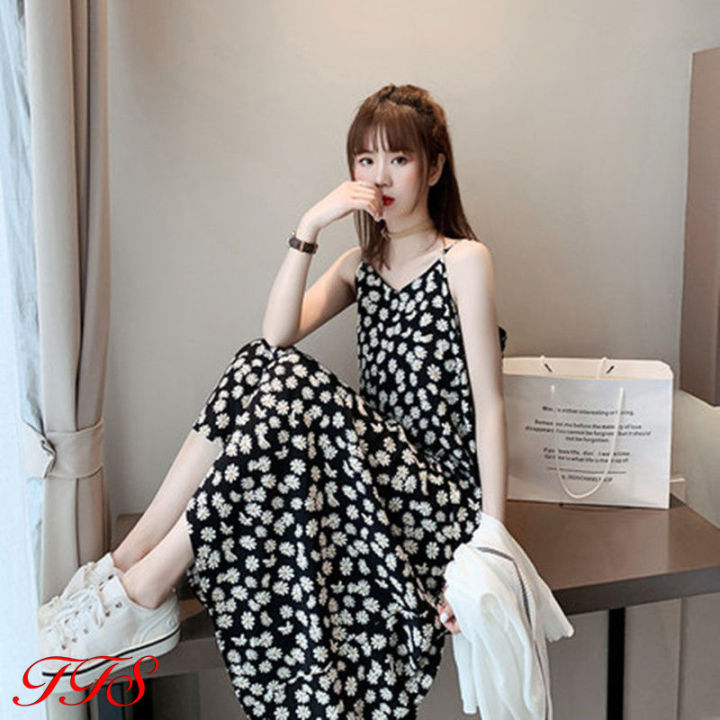 TFS Dress for Women Daisy Floral Print Chiffon Dress Suspenders Girl Slip  Dress Korean Casual A-line Skirt