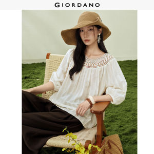 Giordano Women Three-dimensional striped openwork round neck seven-quarter sleeve woven shirt - High Quality Free Shipping 18346804