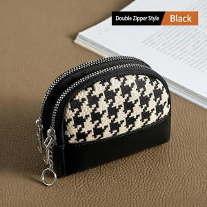 Double Zipper Mini Coin Purse For Women With Key Chain Leather Small Wallet Portable Daily Card Holder Pouch