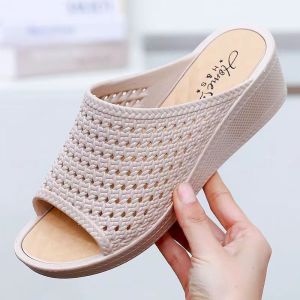 ZEEMIN 2024 New Womens Summer One Word Hollow Out Wedges Slipper Soft Sole Non Slip Outdoor Beach Slippers Home Slippers