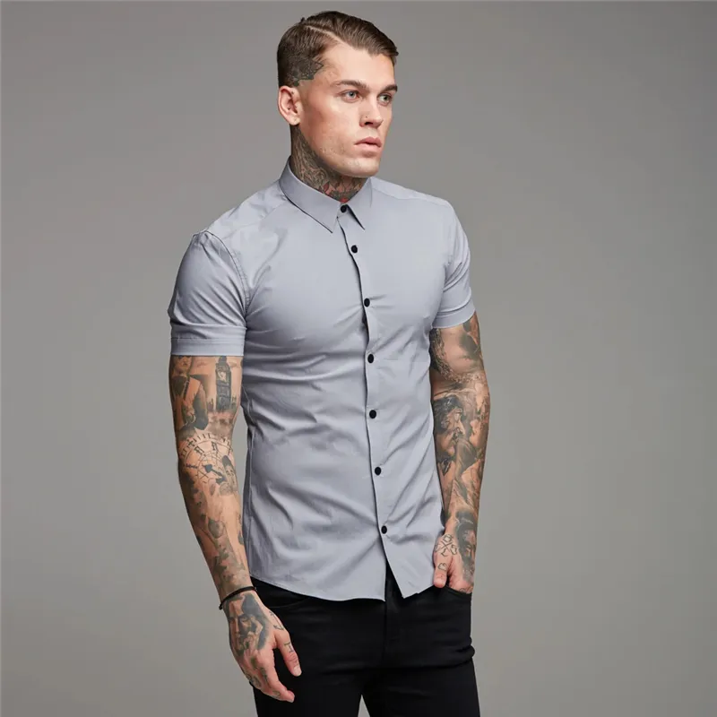 Men Fashion Casual Short Sleeve Solid Shirt Super Slim Fit Male