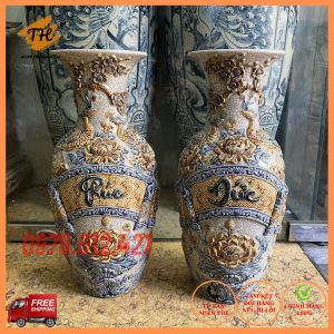 [SALE SỐC] Đôi lộc bình men rạn đắp nổi Bát Tràng - PHÚC ĐỨC - cao 52cm cao cấp - Gốm Trung Hiếu