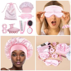 Pink 8pcs Haircare Collection For Women Includes Breathable Shower Caps Skin Friendly Eye Mask Fold Comb Scalp Tool