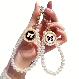 1PCS Elegant Black & White Pearl Mobile Phone Lanyard - Anti-Loss TPU Strap with Chic Bow Design