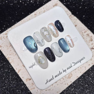 10Pcs Mid-Length Oval White Moonlight Cat Eyes Nails Silver Bowknot Press On False Nails with Pearl Diamond Full Cover Nail Tips