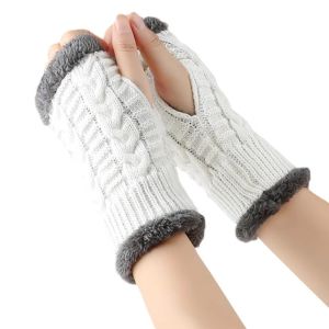COUPLECOL Warm Knitted Gloves Windproof Soft Half-Finger Gloves Fashionable Faux Fur Plush Gloves Winter