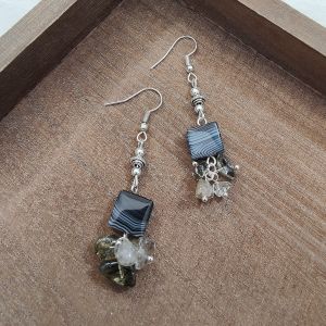 Made-to-Order SG - Black Lace Agate Green Rutilated Quartz Crystal Dangle Earrings Handmade Crystal Dangle Earrings