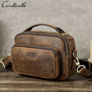 CONTACTS Genuine Leather Men Vintage Crossbody Bag Portable Large Capacity Business Daily Travel Handbag Shoulder Bags  fit 8.3 Inch IPad